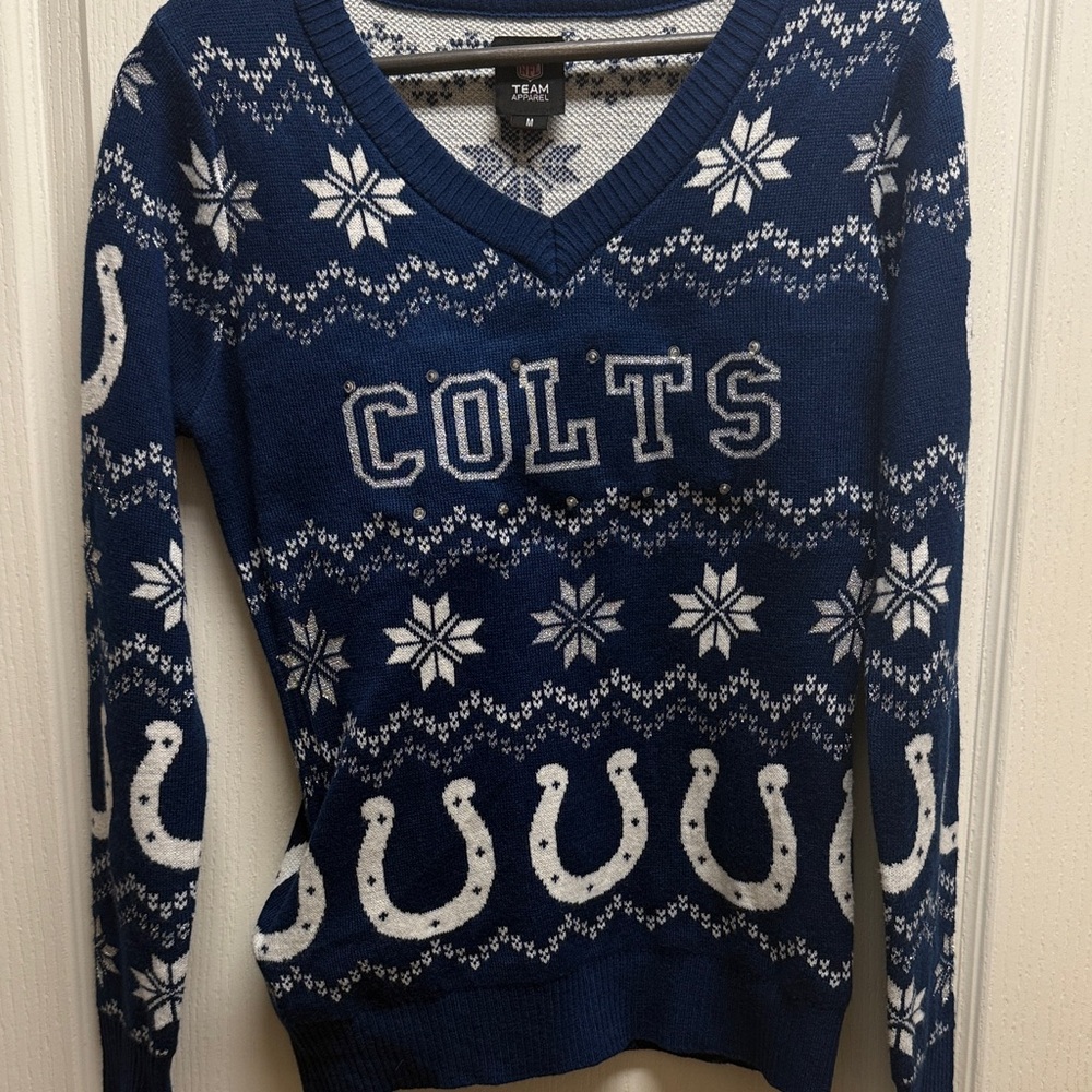Football Women's Indianapolis Colts V-Neck Sweater in Blue and White. NFL